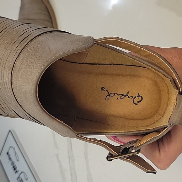 Qupid tan block heel bootie with buckle. - Picture 5 of 9